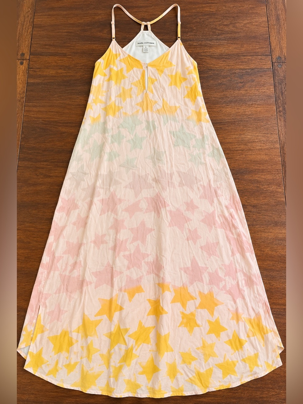 Mara Hoffman Star Print Maxi Dress Large Pastel Yellow Pink Strappy Resort